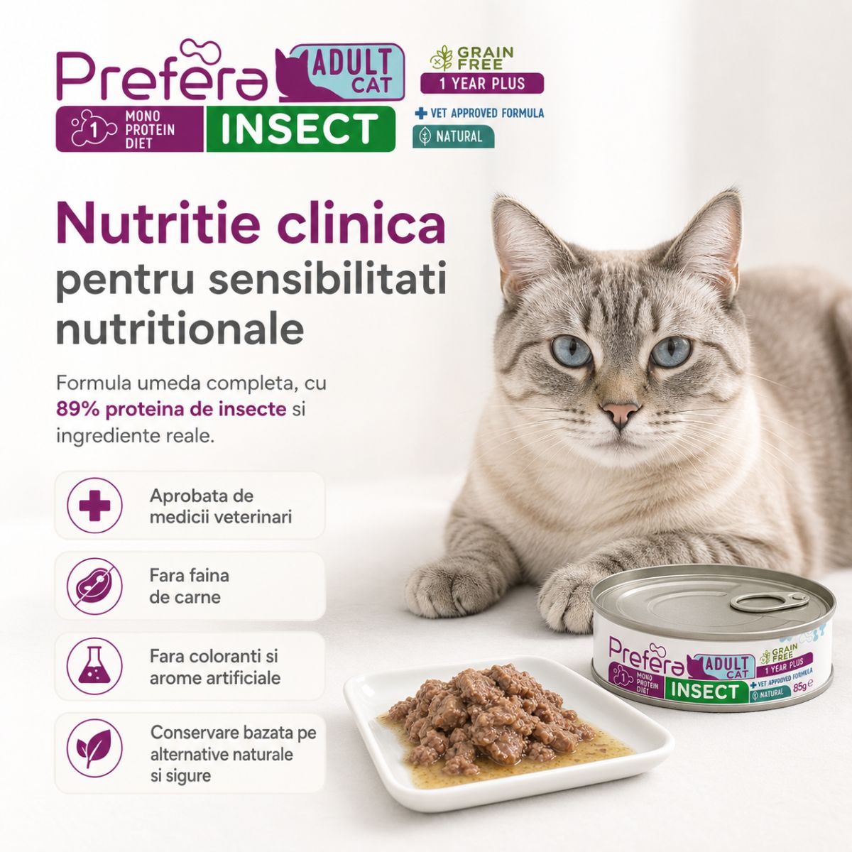 PREFERA MPD, Insecte, dietă veterinară, conservă hrană umedă monoproteică fără cereale pisici, (în suc propriu), 85g - imagine 3